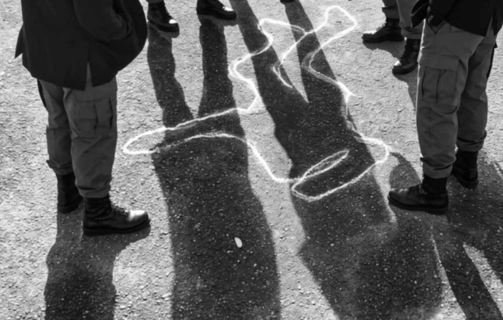 a group of first responders talking at a crime scene together
